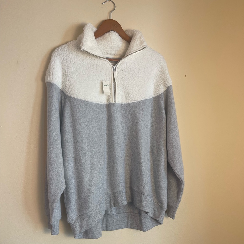 Aerie Oversized Faux Sherpa Quarter Zip Fleece Gray White Fleece NWT M Lounge